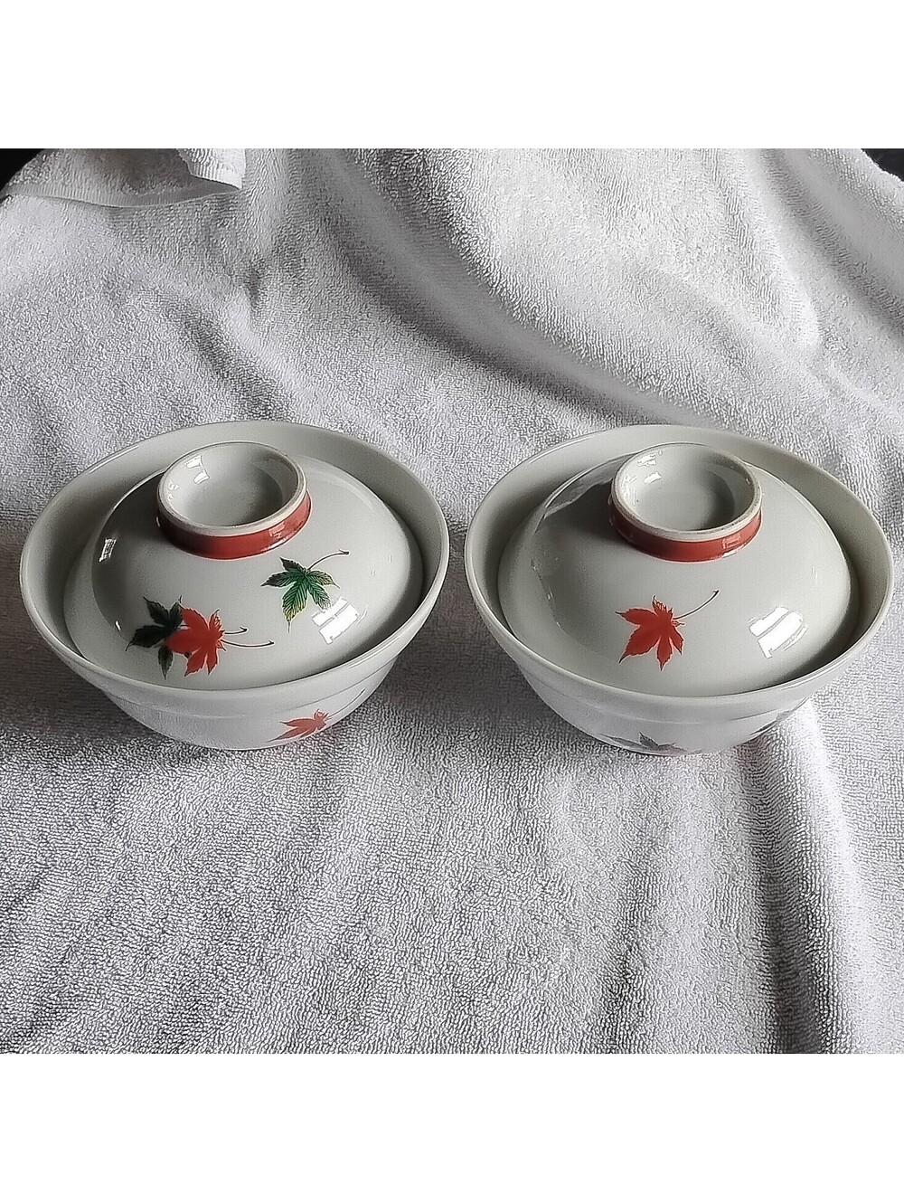 Japanese Set of 2 Covered Porcelain Bowls Red & Green Maple Leaf, Japan